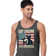 Tank top with Day Drunk for America text, silhouette of a man drinking a bottle of beer, and distressed American flag background. Perfect for 4th of July.