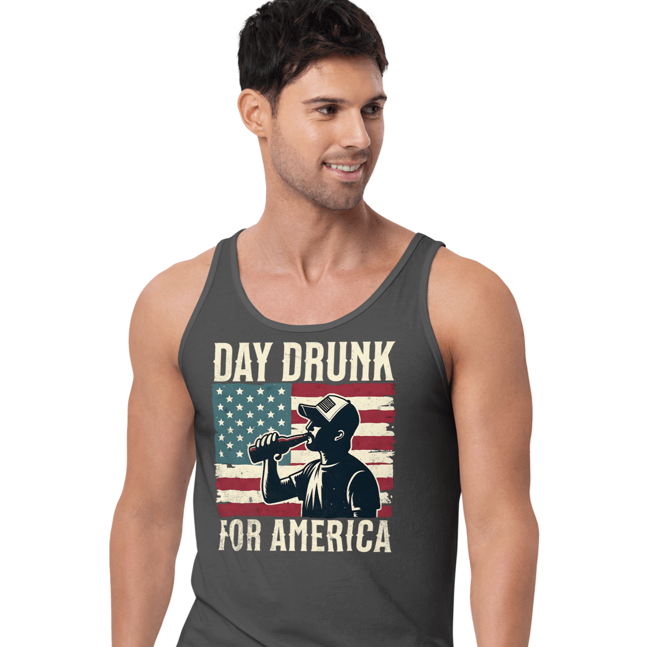 Tank top with Day Drunk for America text, silhouette of a man drinking a bottle of beer, and distressed American flag background. Perfect for 4th of July.