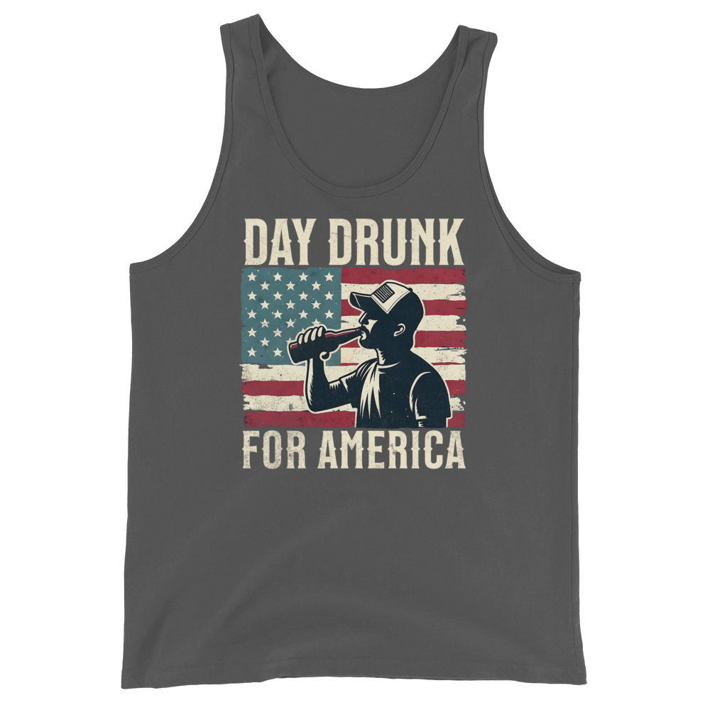 Tank top with Day Drunk for America text, silhouette of a man drinking a bottle of beer, and distressed American flag background. Perfect for 4th of July.