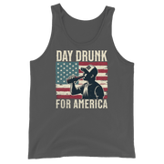 Tank top with Day Drunk for America text, silhouette of a man drinking a bottle of beer, and distressed American flag background. Perfect for 4th of July.