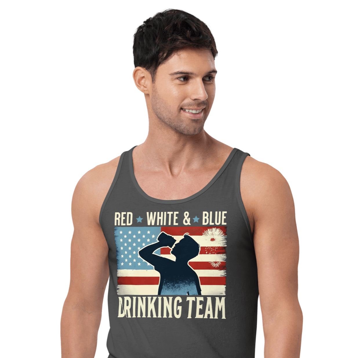 Tank top with Red White and Blue Drinking Team text, man drinking beer, and distressed American flag background. Perfect for 4th of July.