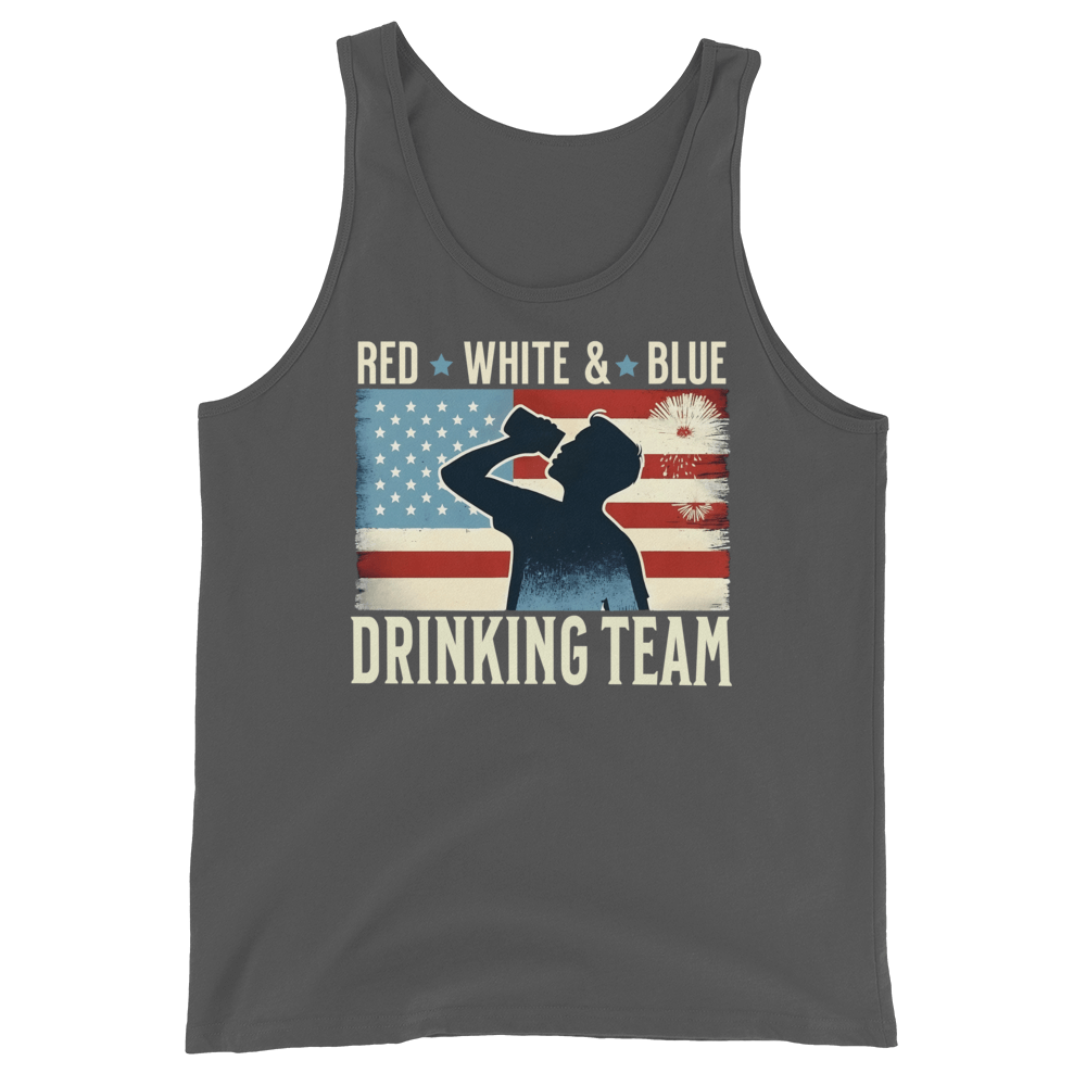 Tank top with Red White and Blue Drinking Team text, man drinking beer, and distressed American flag background. Perfect for 4th of July.