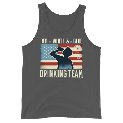 Tank top with Red White and Blue Drinking Team text, man drinking beer, and distressed American flag background. Perfect for 4th of July.