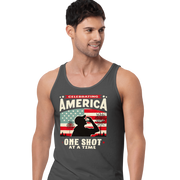 Tank top with Celebrating America One Shot at a Time text, silhouette of a man drinking a shot, and distressed American flag background. Perfect for 4th of July.