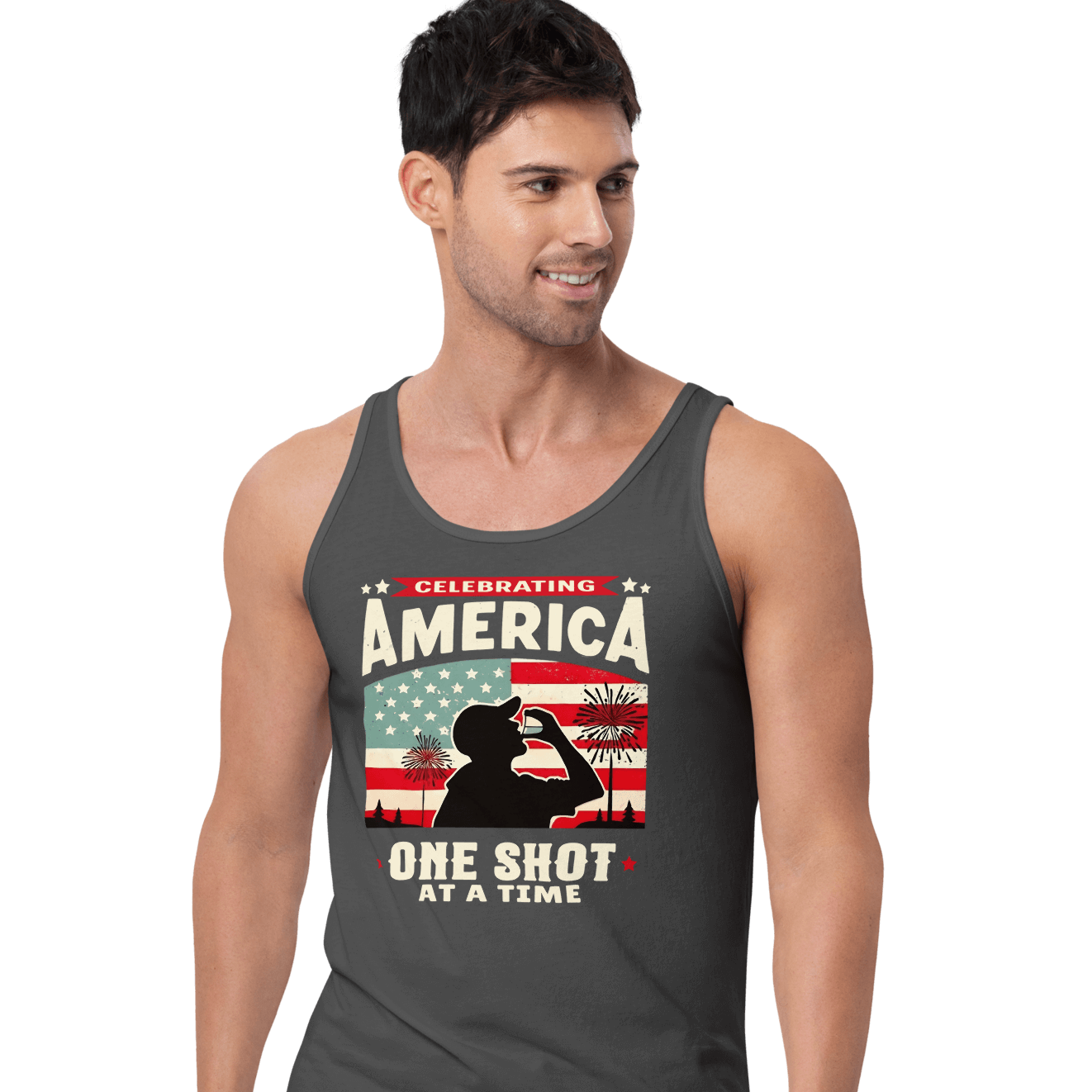 Tank top with Celebrating America One Shot at a Time text, silhouette of a man drinking a shot, and distressed American flag background. Perfect for 4th of July.