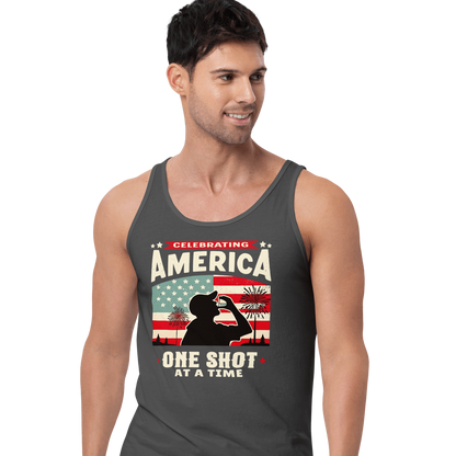 Tank top with Celebrating America One Shot at a Time text, silhouette of a man drinking a shot, and distressed American flag background. Perfect for 4th of July.