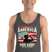 Tank top with Celebrating America One Shot at a Time text, silhouette of a man drinking a shot, and distressed American flag background. Perfect for 4th of July.