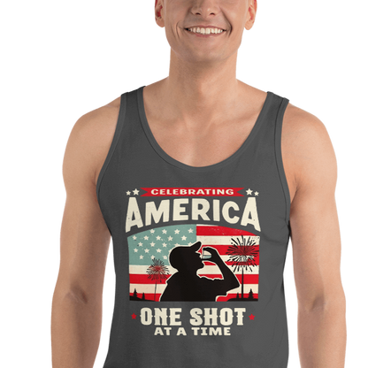 Tank top with Celebrating America One Shot at a Time text, silhouette of a man drinking a shot, and distressed American flag background. Perfect for 4th of July.