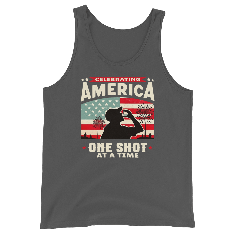 Tank top with Celebrating America One Shot at a Time text, silhouette of a man drinking a shot, and distressed American flag background. Perfect for 4th of July.