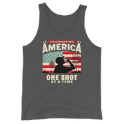 Tank top with Celebrating America One Shot at a Time text, silhouette of a man drinking a shot, and distressed American flag background. Perfect for 4th of July.