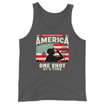 Tank top with Celebrating America One Shot at a Time text, silhouette of a man drinking a shot, and distressed American flag background. Perfect for 4th of July.