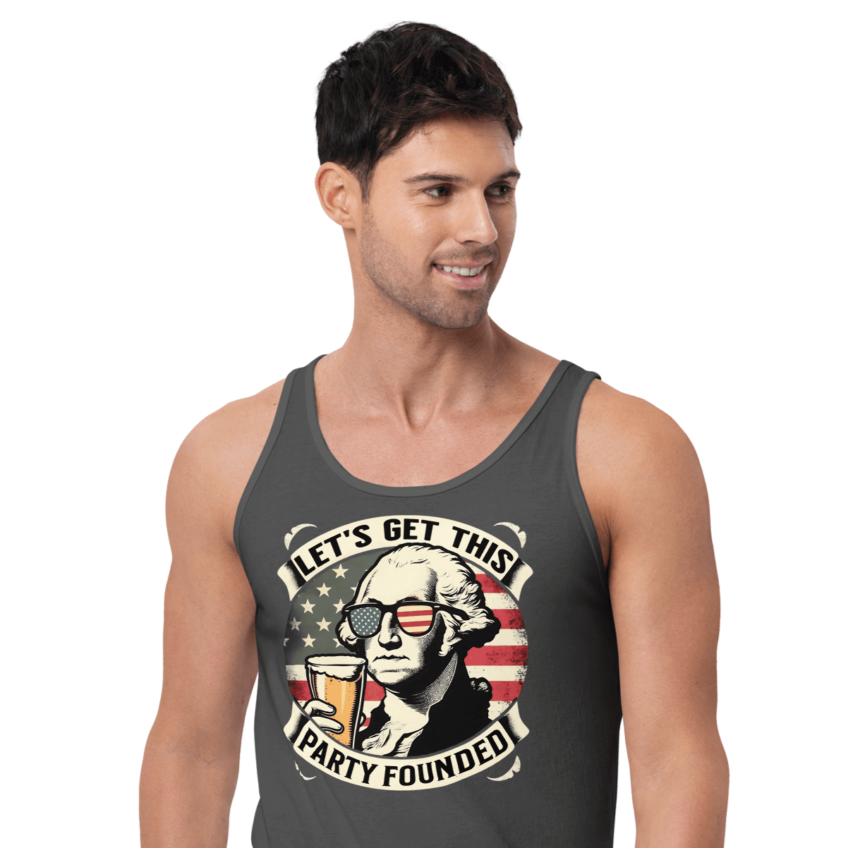 Tank top with Let's Get This Party Founded text, George Washington drinking a beer, and distressed American flag background. Perfect for 4th of July.