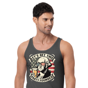 Tank top with Let's Get This Party Founded text, George Washington drinking a beer, and distressed American flag background. Perfect for 4th of July.