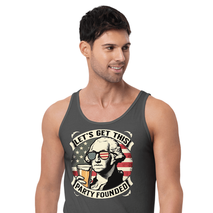 Tank top with Let's Get This Party Founded text, George Washington drinking a beer, and distressed American flag background. Perfect for 4th of July.
