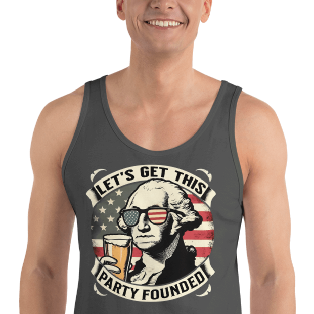 Tank top with Let's Get This Party Founded text, George Washington drinking a beer, and distressed American flag background. Perfect for 4th of July.