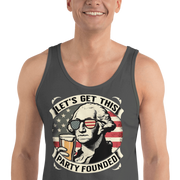 Tank top with Let's Get This Party Founded text, George Washington drinking a beer, and distressed American flag background. Perfect for 4th of July.