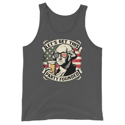 Tank top with Let's Get This Party Founded text, George Washington drinking a beer, and distressed American flag background. Perfect for 4th of July.