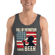 Tank top with Full of Patriotism and Beer text and a distressed American flag background. Perfect for 4th of July.