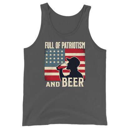 Tank top with Full of Patriotism and Beer text and a distressed American flag background. Perfect for 4th of July.