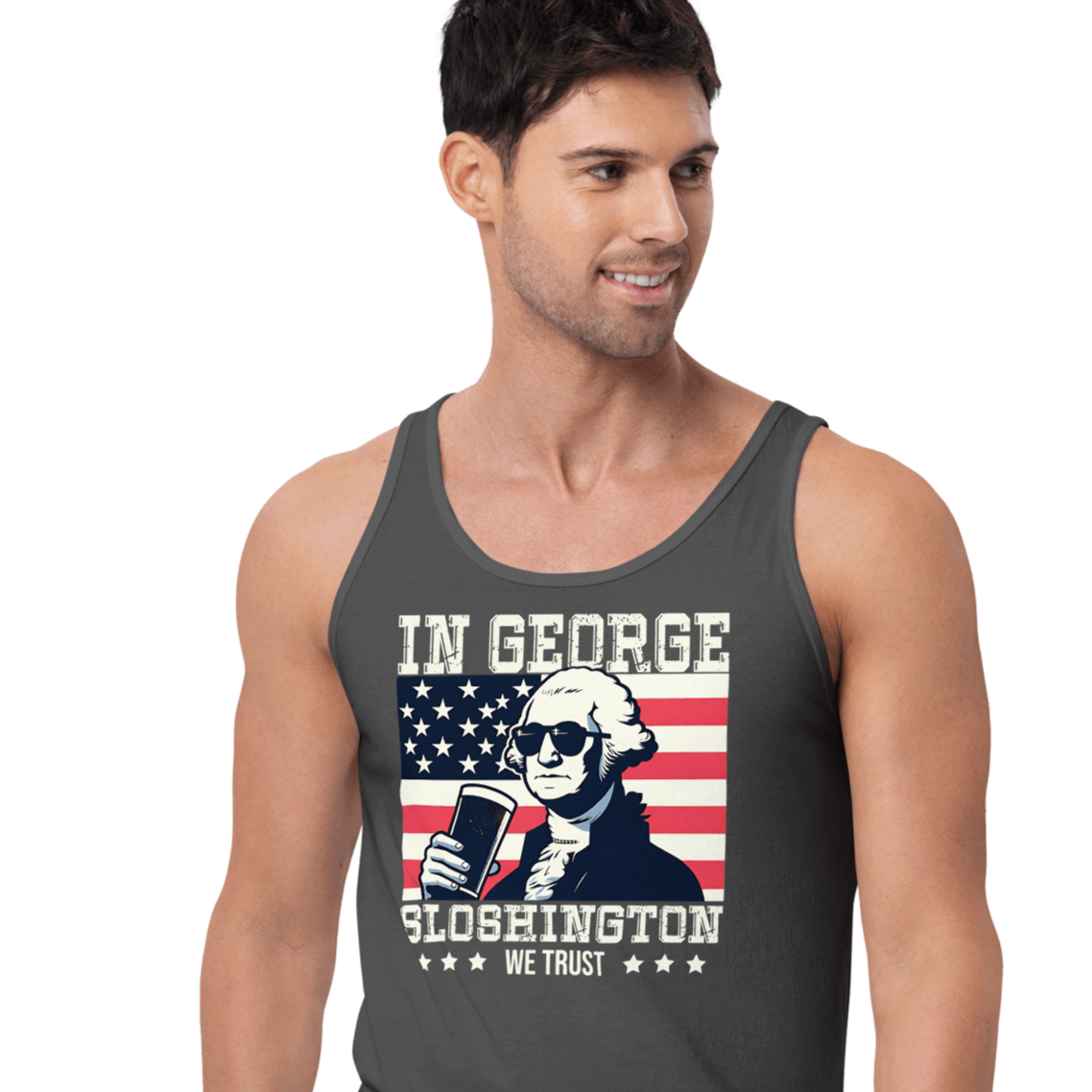 Celebrate 4th of July in style with our George Sloshington tank top. Perfect for BBQs & summer fun, featuring a fun patriotic design.