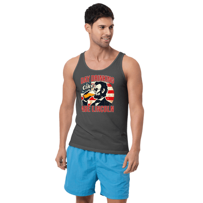 Tank top with Day Drinking Like Abe Lincoln text, image of Abe Lincoln drinking a glass of beer, and distressed American flag background. Perfect for 4th of July.