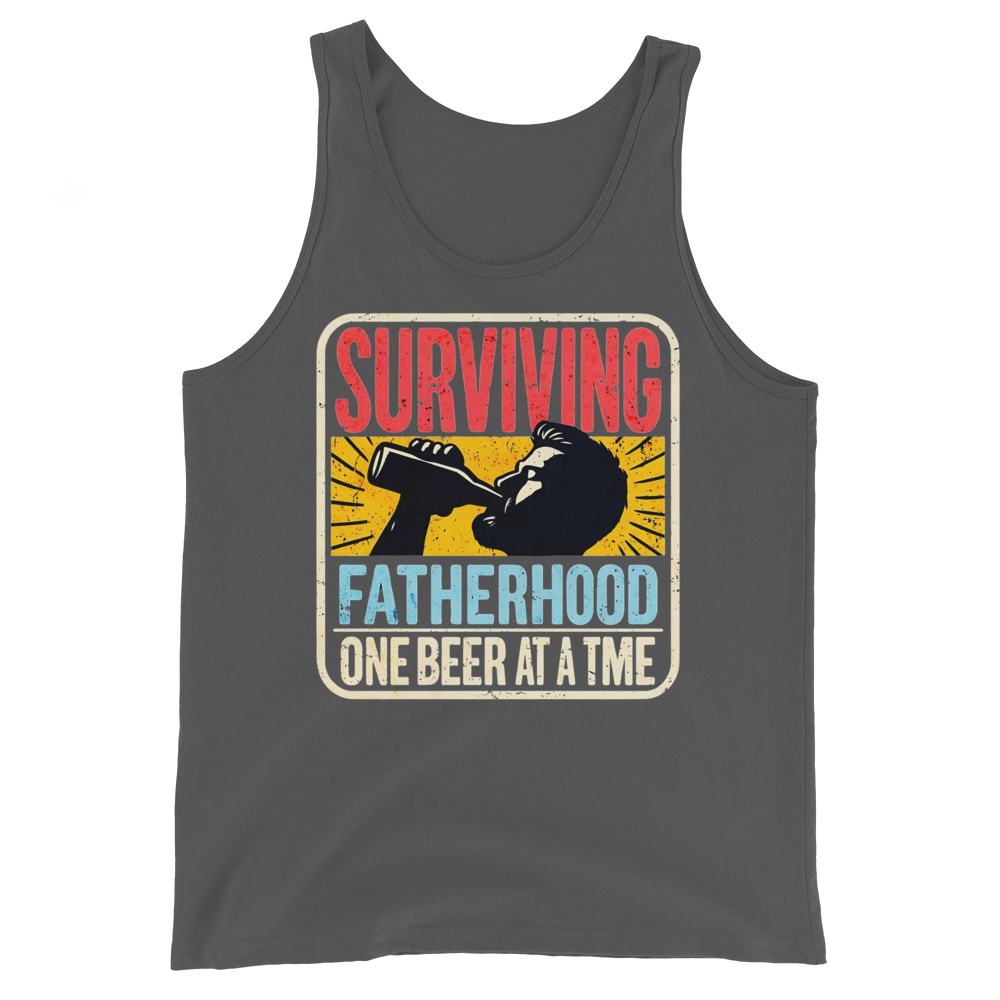 Celebrate fatherhood with our "Surviving Fatherhood One Beer at a Time" tank top. Perfect gift for dads who love a cold one. Ideal gift for Father's Day.