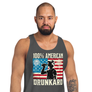 Rock your 4th of July with our '100% American Drunkard' men's tank. Perfect for BBQs or chilling with friends in patriotic style. Get yours now!