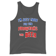 "I'm Just Here for the Fireworks and Beer tank top in dark grey, perfect for festive occasions with quality and softness, 100% combed ringspun cotton"