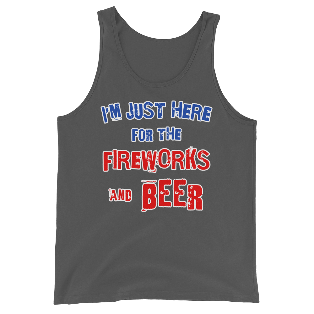 "I'm Just Here for the Fireworks and Beer tank top in dark grey, perfect for festive occasions with quality and softness, 100% combed ringspun cotton"