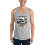 Boating tank top with 'Boats are like strippers, they work until you quit throwing $100 bills at them' phrase and scenic lake design