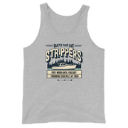 Boating tank top with 'Boats are like strippers, they work until you quit throwing $100 bills at them' phrase and scenic lake design