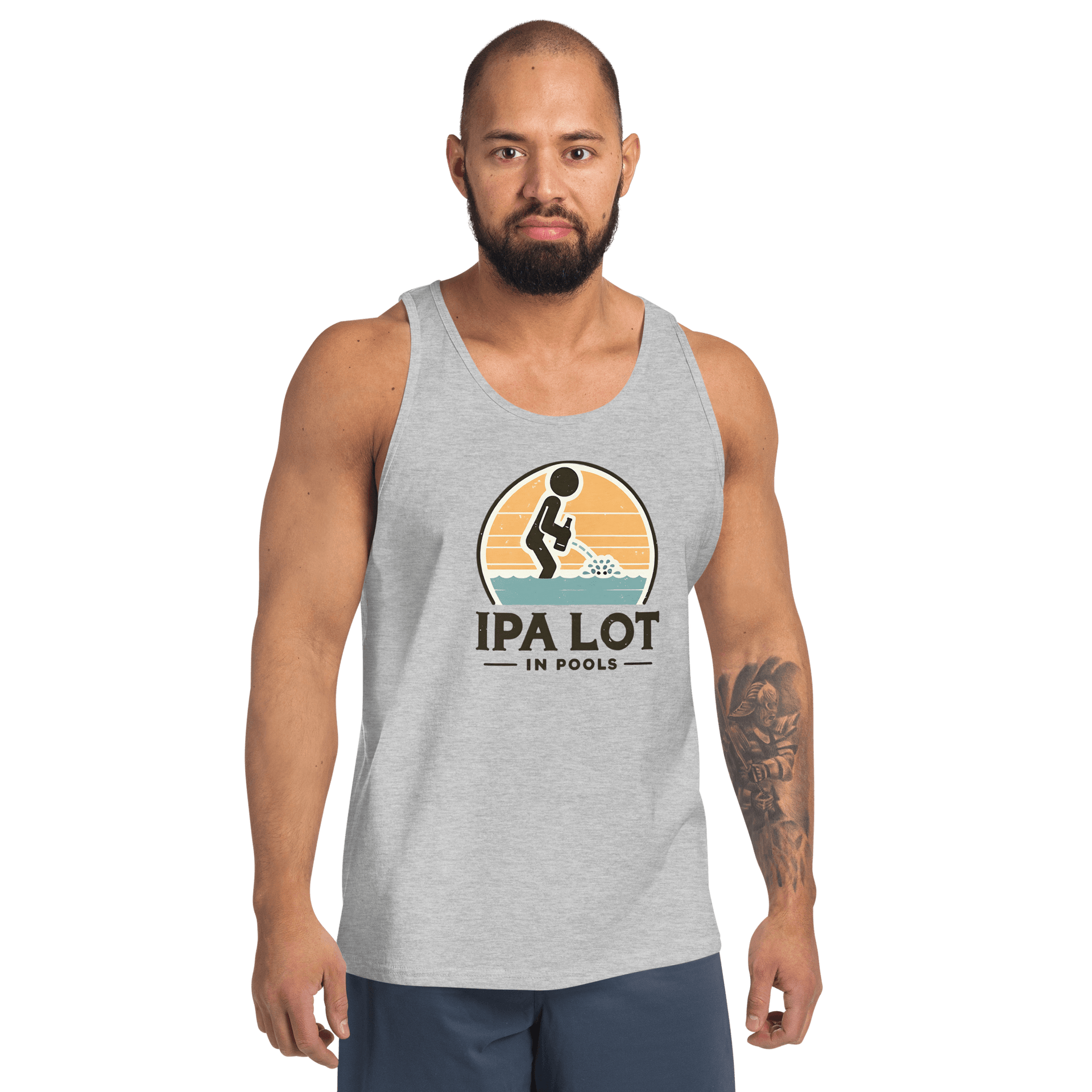 "IPA Lot in Pools" Men's Tank Top: Cool & Comfy Dive into style & laughter with our "IPA Lot in Pools" Men's Tank Top. Perfect combo of humor, beer vibes & comfort for pool days.