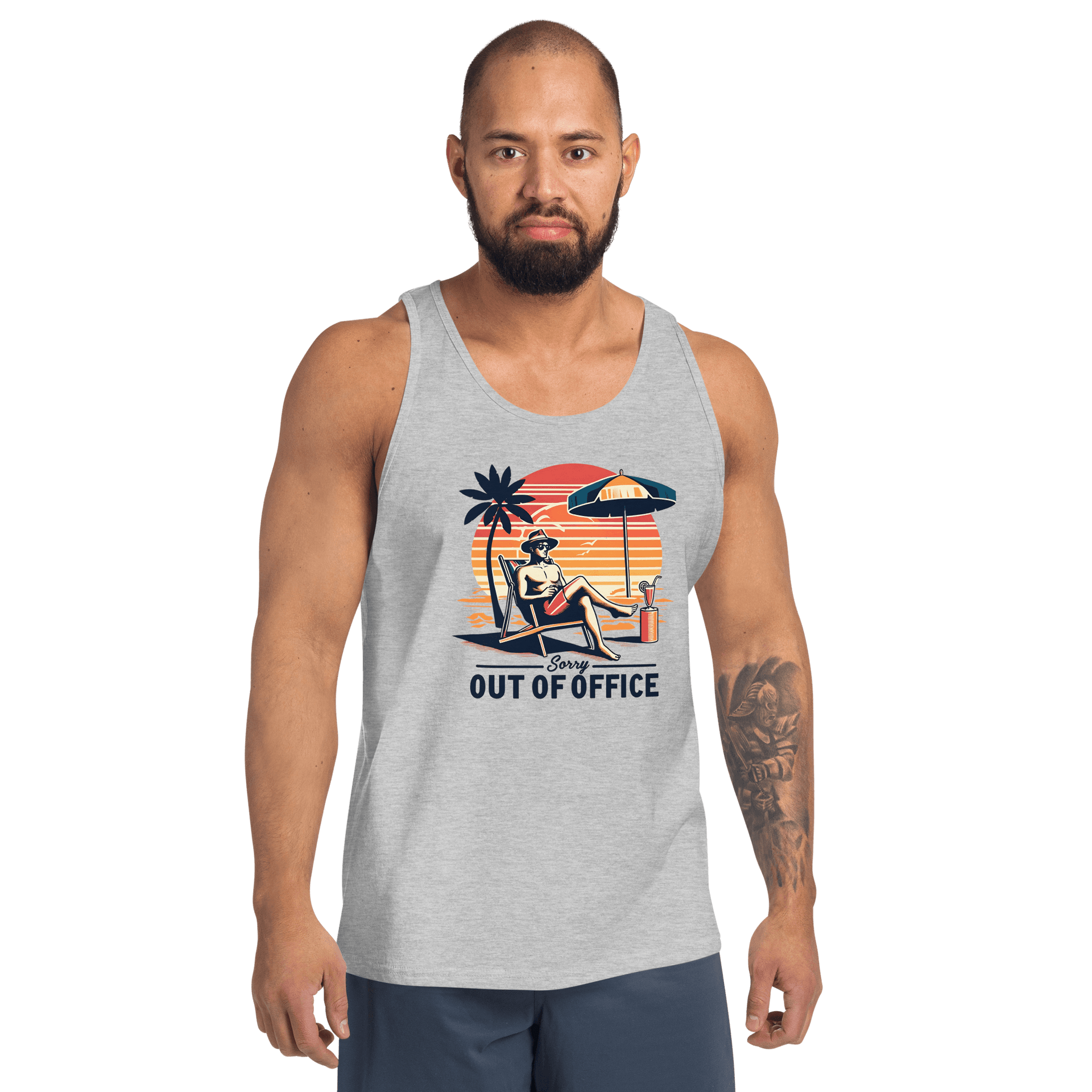 Man relaxing in a beach chair with a sunset backdrop, depicted on our 'Sorry, Out of Office' retro tank top.