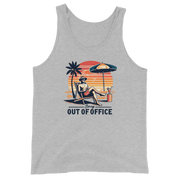 Man relaxing in a beach chair with a sunset backdrop, depicted on our 'Sorry, Out of Office' retro tank top.