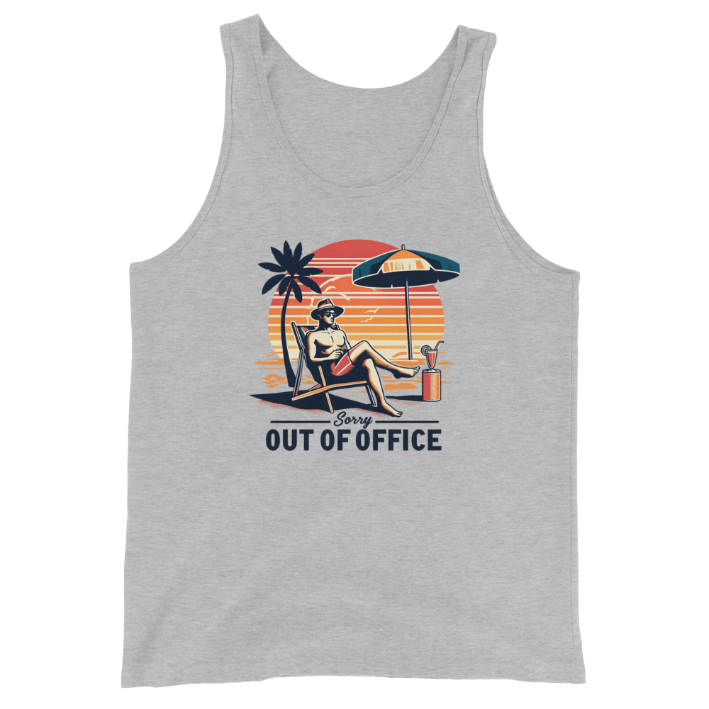 Man relaxing in a beach chair with a sunset backdrop, depicted on our 'Sorry, Out of Office' retro tank top.