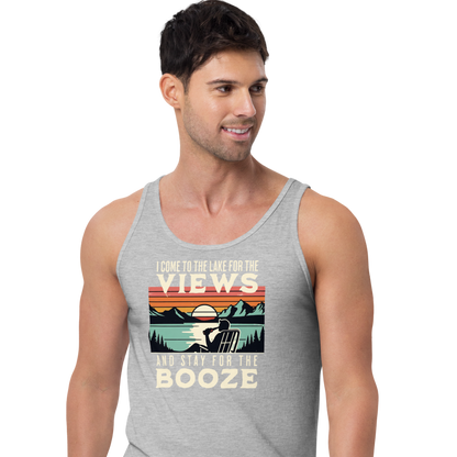 Men's tank top with "I Come to the Lake for the Views and Stay for the Booze," showing a man in a beach chair, lake, and sunset.