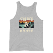 Men's tank top with "I Come to the Lake for the Views and Stay for the Booze," showing a man in a beach chair, lake, and sunset.