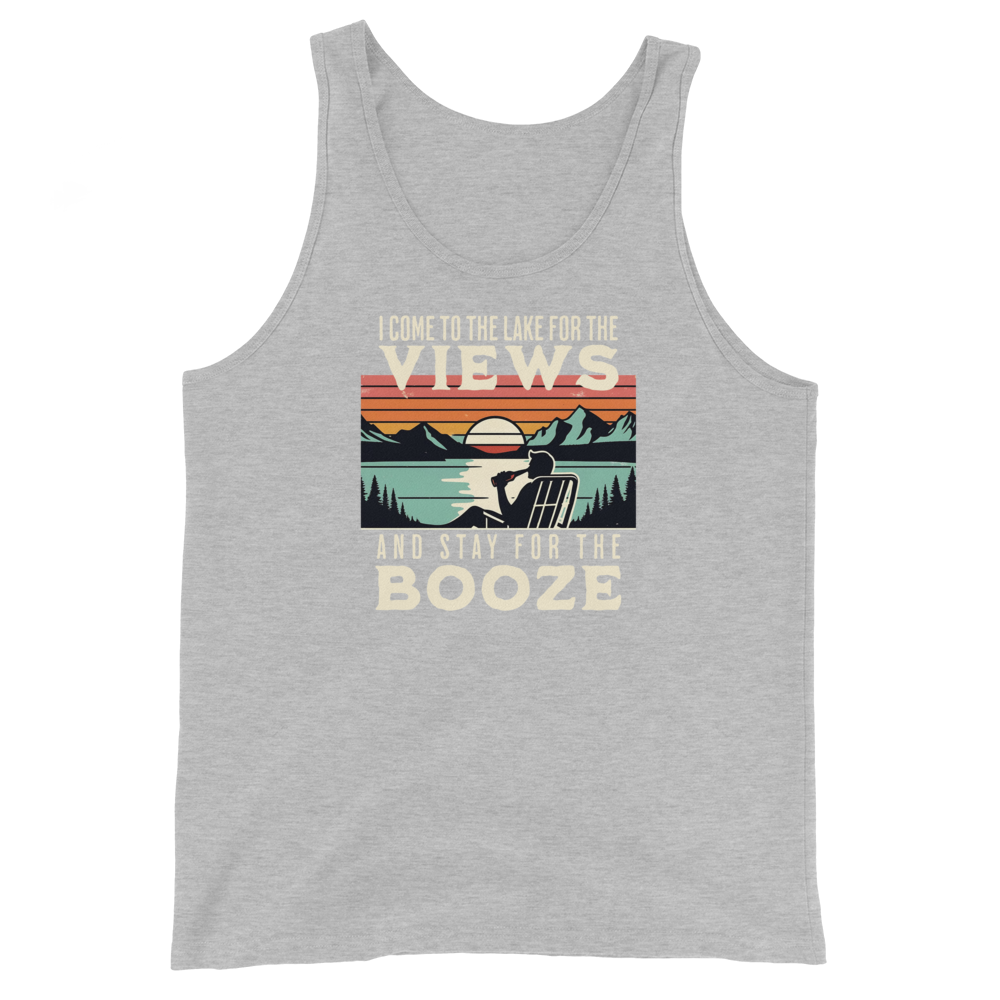 Men's tank top with "I Come to the Lake for the Views and Stay for the Booze," showing a man in a beach chair, lake, and sunset.