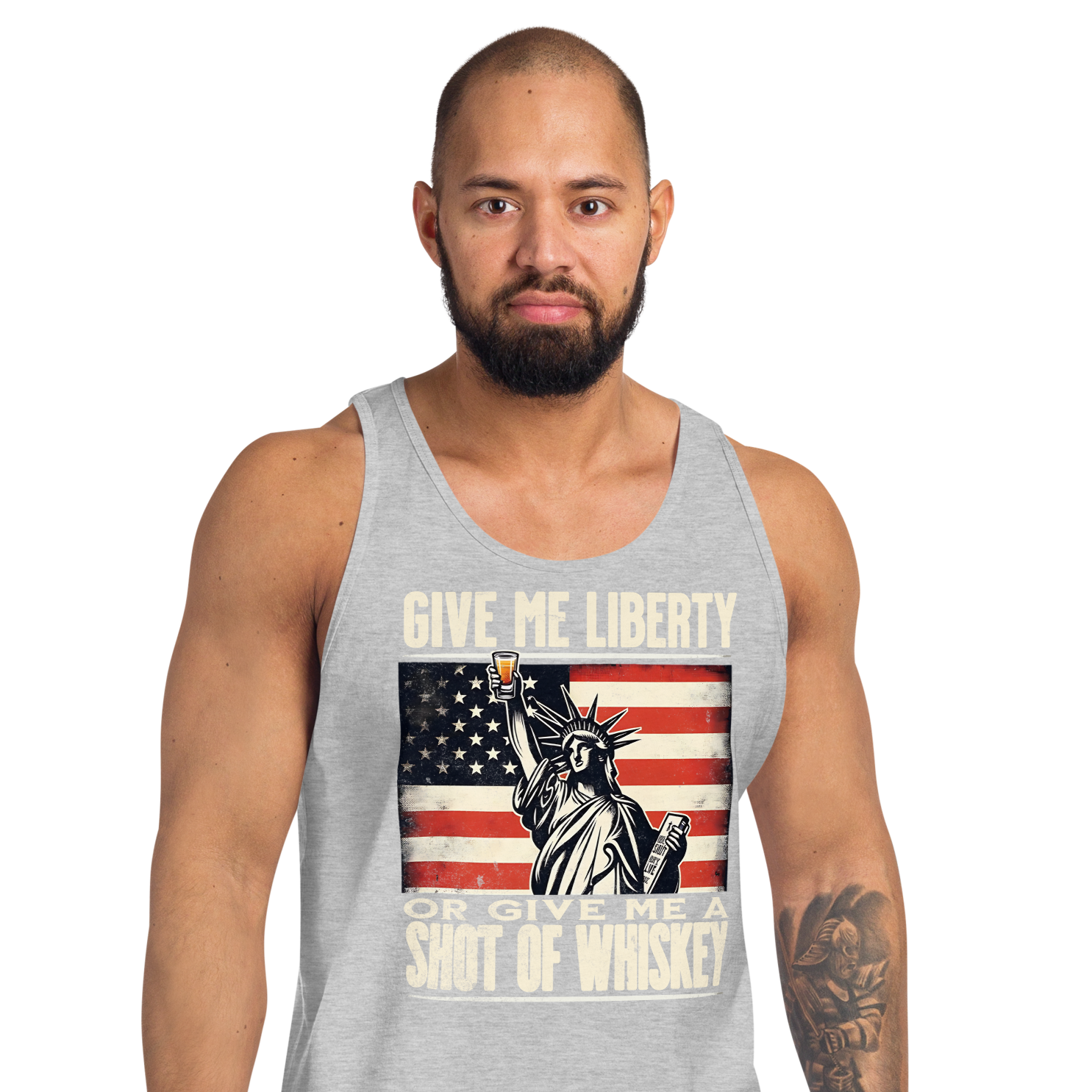 'Give Me Liberty or Give Me Whiskey' text, Statue of Liberty holding a shot glass, and distressed American flag background