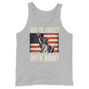 'Give Me Liberty or Give Me Whiskey' text, Statue of Liberty holding a shot glass, and distressed American flag background