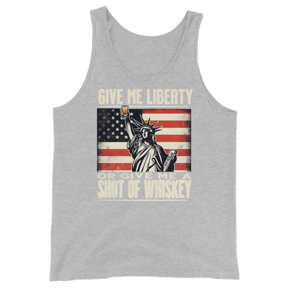 'Give Me Liberty or Give Me Whiskey' text, Statue of Liberty holding a shot glass, and distressed American flag background