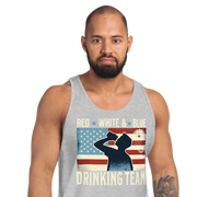 Tank top with Red White and Blue Drinking Team text, man drinking beer, and distressed American flag background. Perfect for 4th of July.