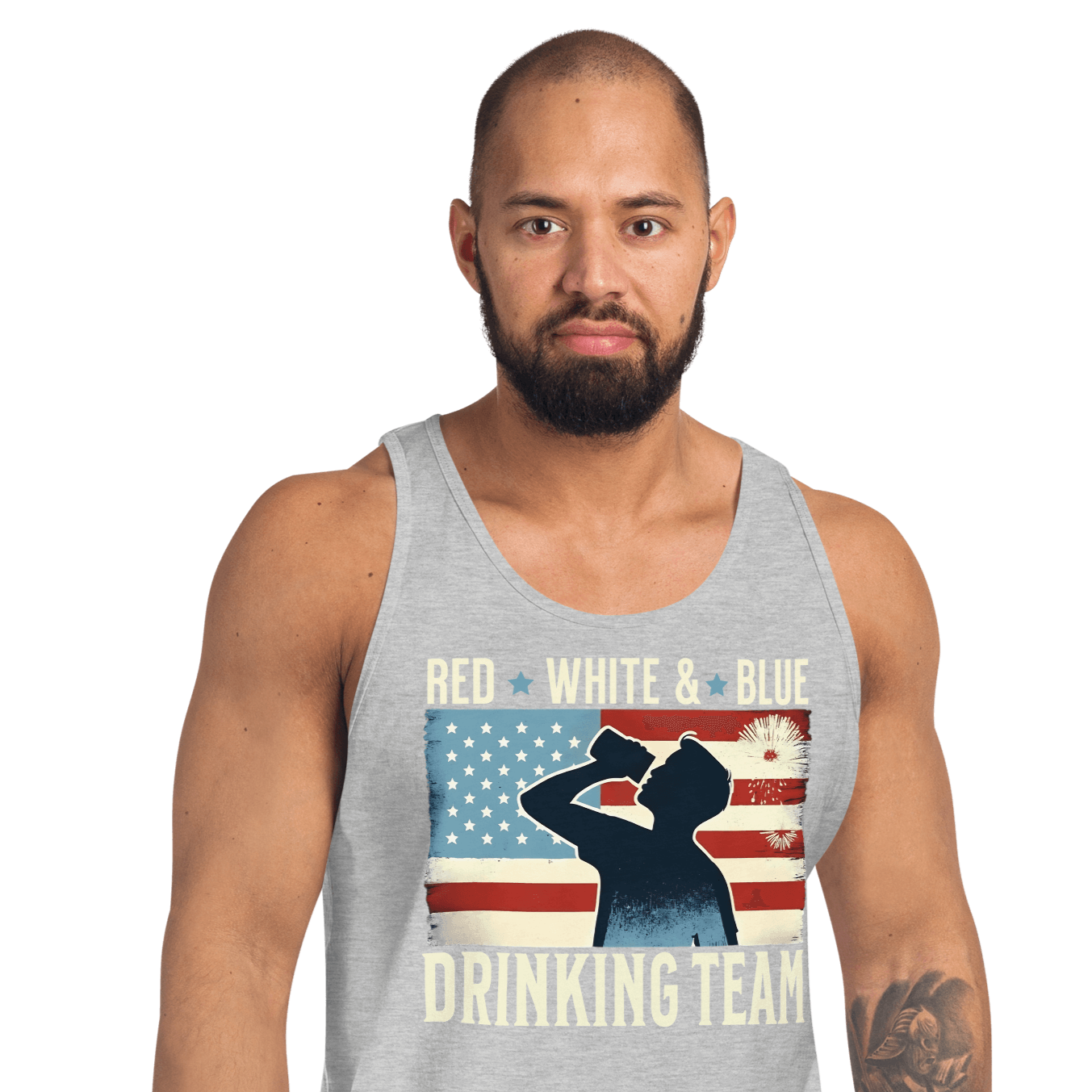 Tank top with Red White and Blue Drinking Team text, man drinking beer, and distressed American flag background. Perfect for 4th of July.