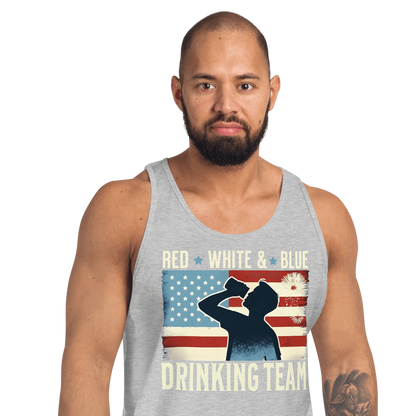 Tank top with Red White and Blue Drinking Team text, man drinking beer, and distressed American flag background. Perfect for 4th of July.
