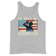 Tank top with Red White and Blue Drinking Team text, man drinking beer, and distressed American flag background. Perfect for 4th of July.