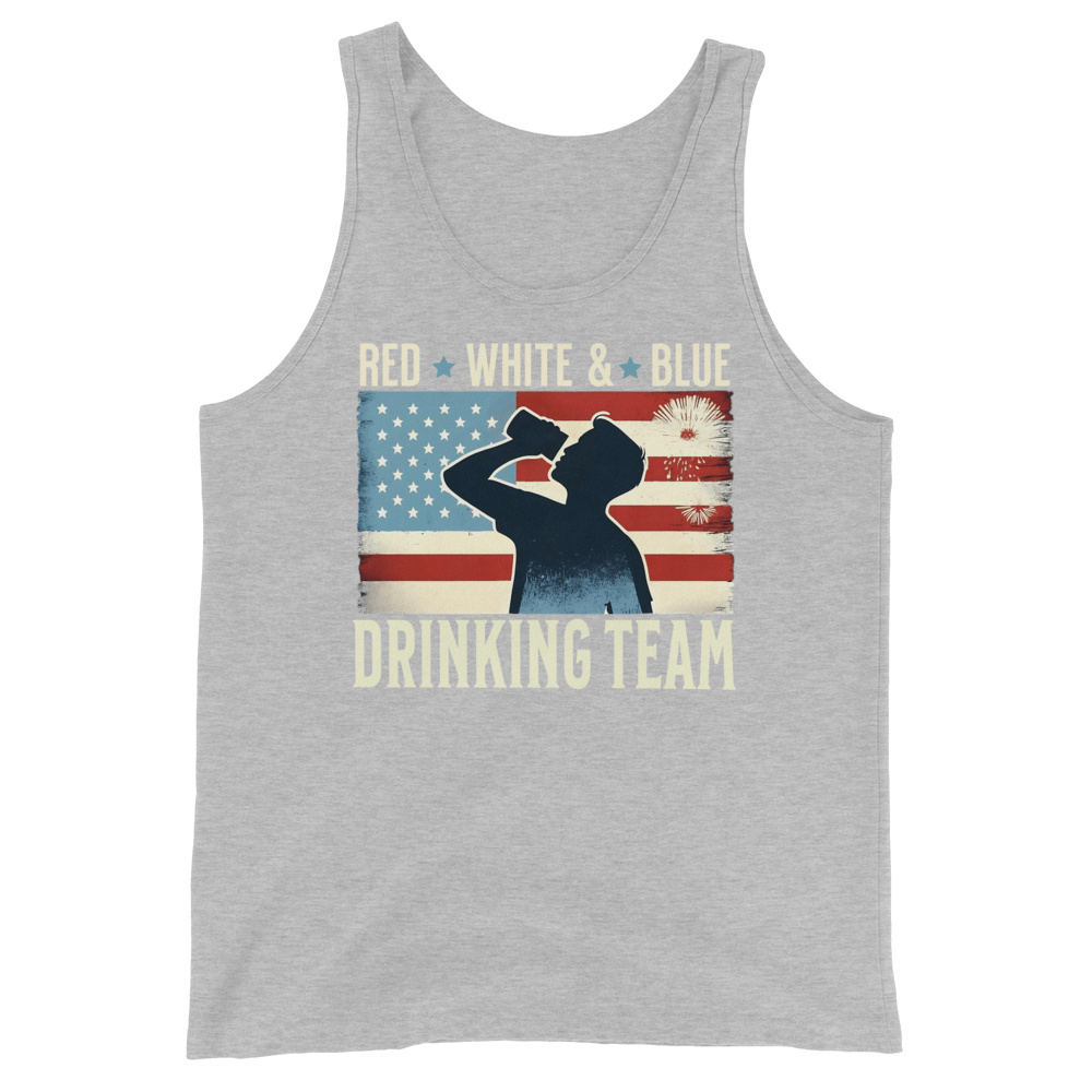 Tank top with Red White and Blue Drinking Team text, man drinking beer, and distressed American flag background. Perfect for 4th of July.