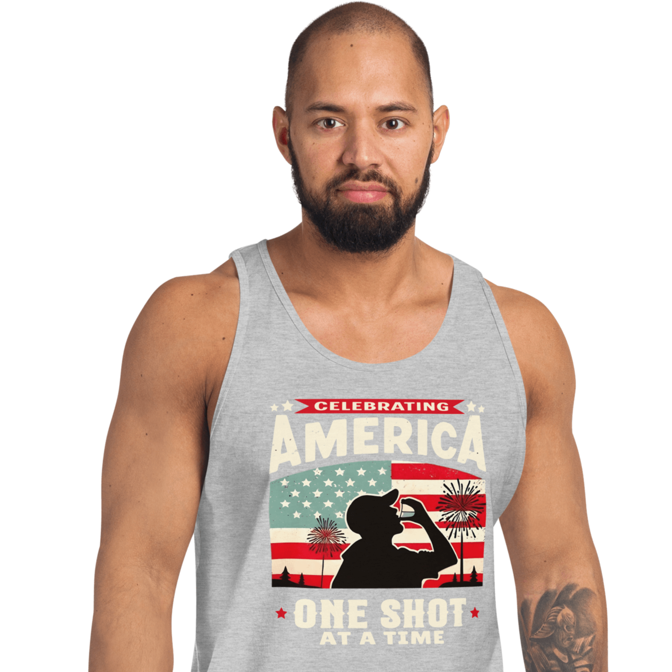 Tank top with Celebrating America One Shot at a Time text, silhouette of a man drinking a shot, and distressed American flag background. Perfect for 4th of July.