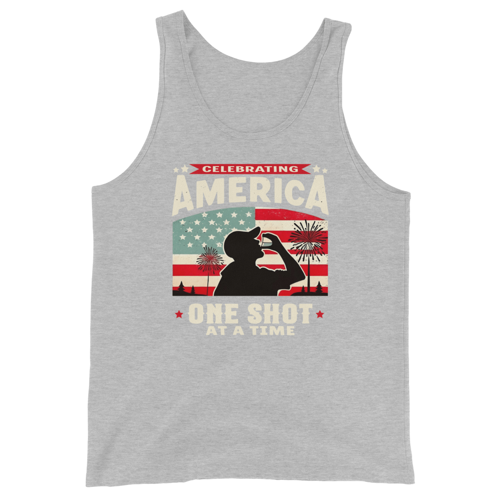 Tank top with Celebrating America One Shot at a Time text, silhouette of a man drinking a shot, and distressed American flag background. Perfect for 4th of July.