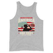 Tank top with Celebrating America One Shot at a Time text, silhouette of a man drinking a shot, and distressed American flag background. Perfect for 4th of July.