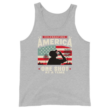 Tank top with Celebrating America One Shot at a Time text, silhouette of a man drinking a shot, and distressed American flag background. Perfect for 4th of July.